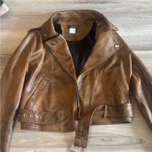 VENUS Women's Cognac Brown Leather Moto Jacket with Belt